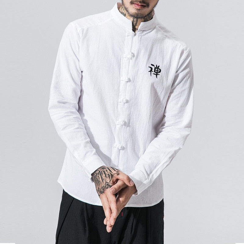 Mens Long Sleeve Shirts Traditional Chinese Style Cotton Shirt Casual Cotton Embroidery Blouse Zen Buddhism Clothes Button Tops