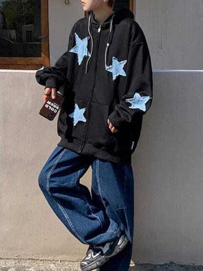 Fashion Y2k Mens Jacket Coat Harajuku Star Patch Zipper Oversized Hoodies Streetwear Hip Hop Gothic Loose Pocket Man Sweatshirts