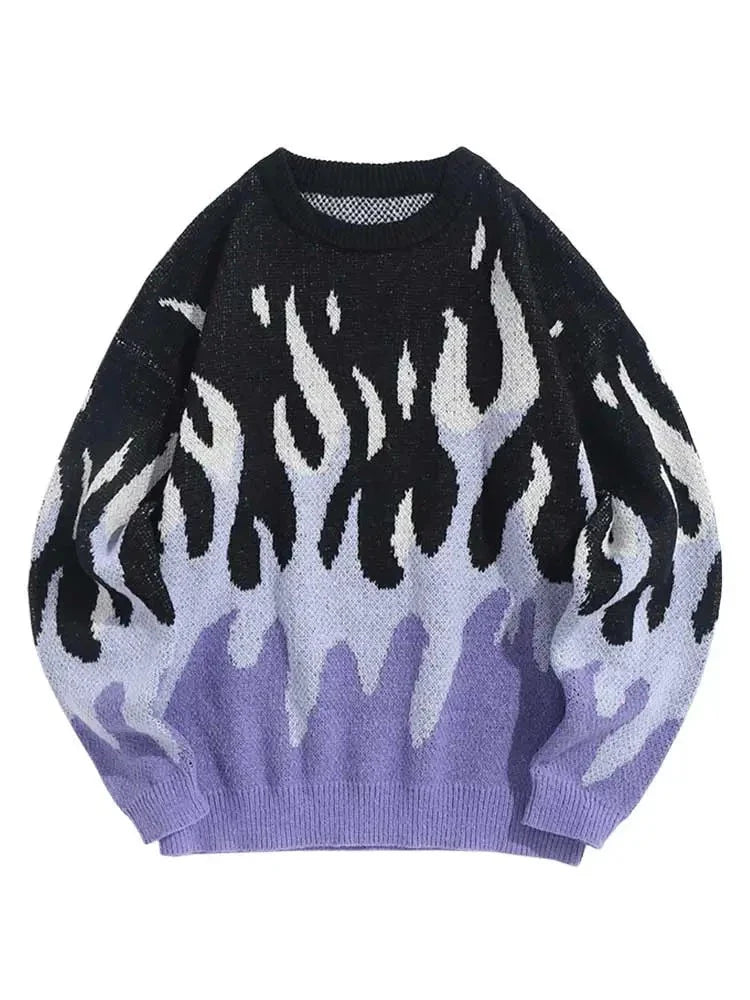 Sweater for Men Fire Flame Graphic Sweaters Y2K Streetwear Knit Pullover Long Sleeves Fall Winter Warm Jumper masculino