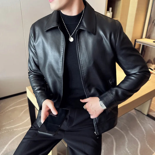 saferido Men's Motorcycle Leather Jacket Large Size Pocket Black Zipper Lapel Slim Fit Male Spring Autumn High Quality PU Coat