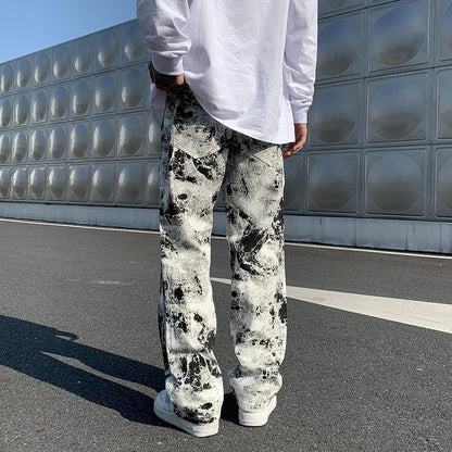 Mens Fashion Printed jeans Spring  Mopping Trousers Jeans Korean Style High Street Loose Hip Hop Wide-leg Jean Pants