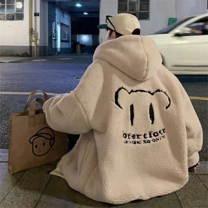 saferido Men's Winter Jacket Oversized Hooded Coat Winter New Korean Fashion Preppy Style Loose Bear Embroidery Thickened Coat Jackets