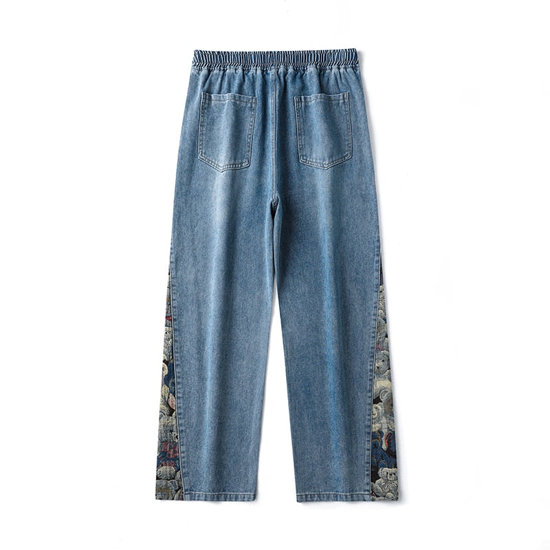 New Men's Jeans Baggy Bear Printed Wide Leg Pants Men's Hip Hop Street Loose Denim Pants Elastic Waist Lace Up Casual Pants