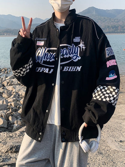 Embroidery Fashion Streetwear Racer Jackets Men Women Y2K HipHop Motorcycle Plaid Vintage Bomber Harajuku Autumn Jackets Coat