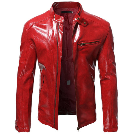 Men's Autumn New Shiny Leather Jacket Fashion Self-cultivation  Stand-up Collar Motorcycle Suit PU Handsome Short Top S-5XL