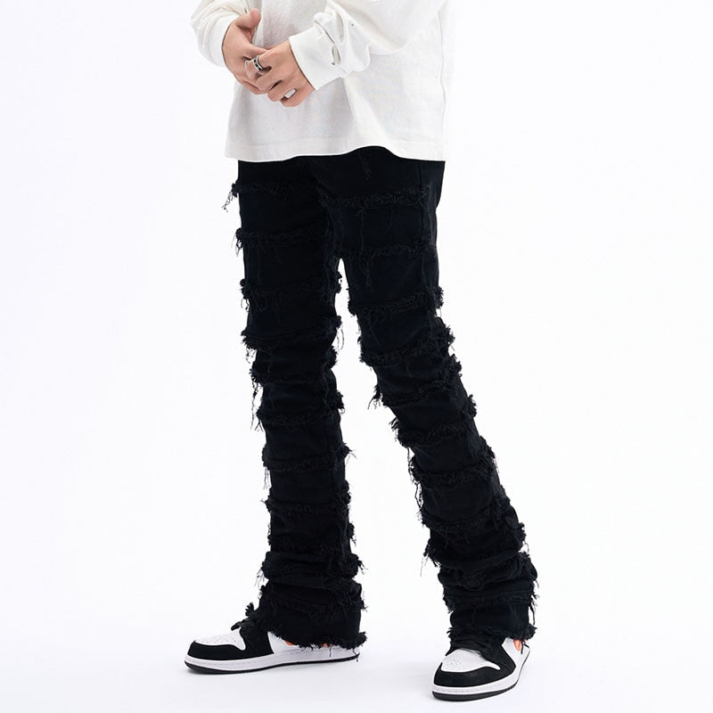 Harajuku Hip Hop Streetwear Striped Tassel Frayed Straight Baggy Jeans Pants Male and Female Solid Color Casual Denim Trousers