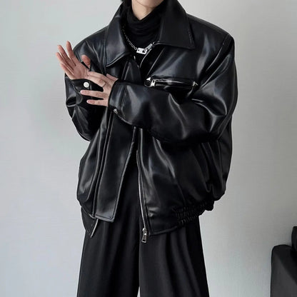 saferido 90s Streetwear Short Black Top Jacket for Spring and Autumn Men's Casual Lapel Thin Motorcycle Leather Jacket