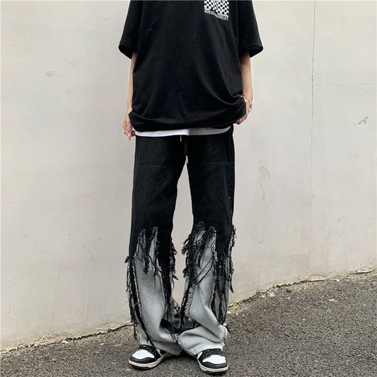 saferido Loose Stitching Tassel Straight Jeans Four Seasons Street Washing Hip Hop Street Slim Pants Casual Wild Denim Trousers Oversize