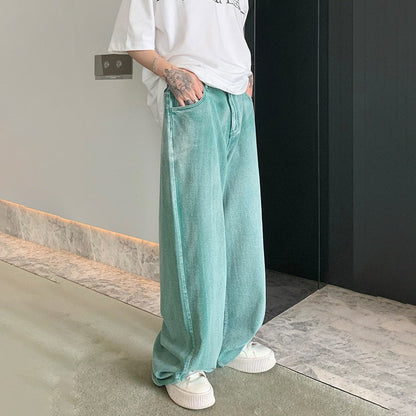 Summer Men's Fashion Loose Jeans Male Straight Wide Leg Pants High Street Solid Color New Trendy Men Trousers