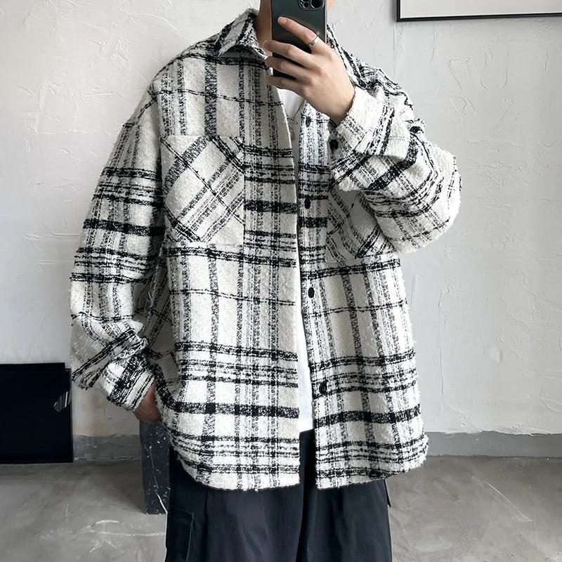 saferido Autumn Plaid Woolen Coat Men Fashion Retro Casual Oversized Woolen Jacket Men Korean Loose Woolen Shirt Mens Overcoat M-2XL