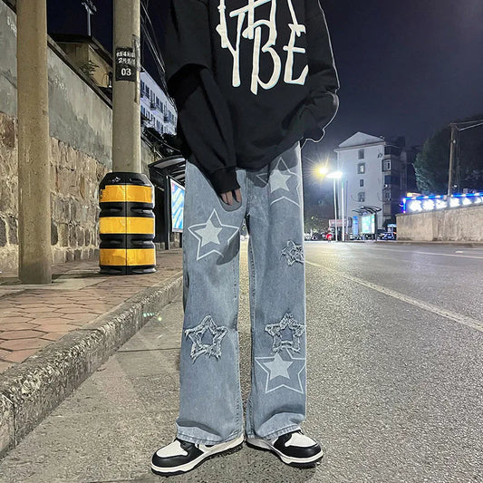 saferido Men Jeans Stars  2024 New Spring Vintage Y2K Simple Casual Loose Fashion Straight Wide Leg Oversize Pants Male Hip Hop Trousers