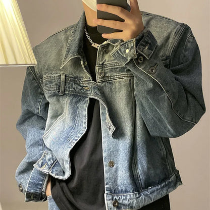 Men's Design Denim Jacket American Vintage Turn-down Collar Belt Design Single Breasted Male Coat High Street