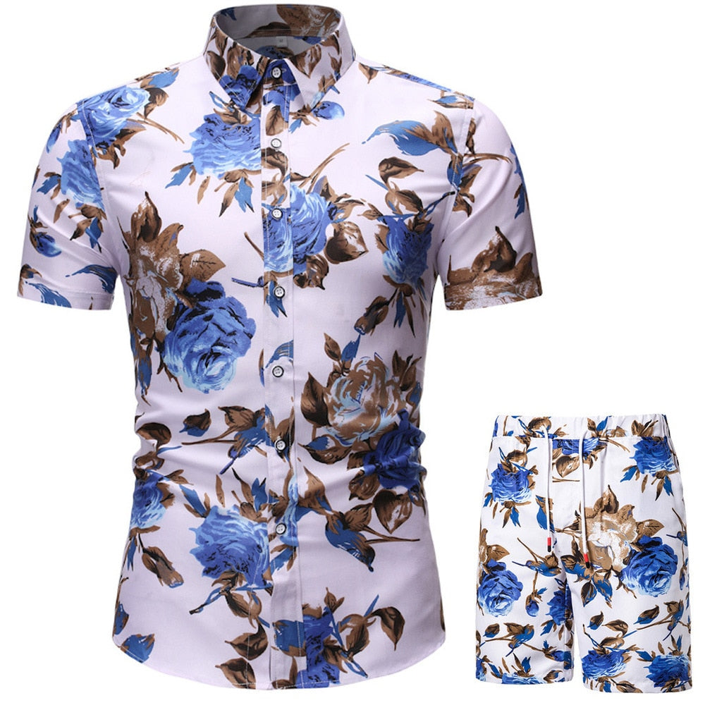 Men Clothing Set  Two Piece Set Summer Beach Wear Floral Print Casual Shirt and Shorts Set Hawaiian Shirt Holiday Clothes