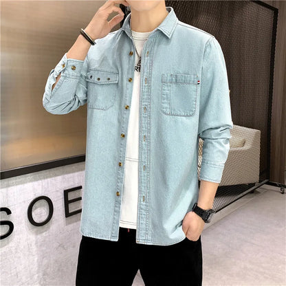 saferido Denim Shirt for Men Jeans Cotton Long Sleeve Blue Blazer Button Up Y2K Casual Spring Summer Cardigan Loose Fashion  Black Coat