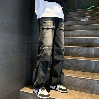 saferido American Vibe Pants Trendy High Street Zipper Pocket Work Clothes Jeans Men'S High-End Slim Straight Leg Pants