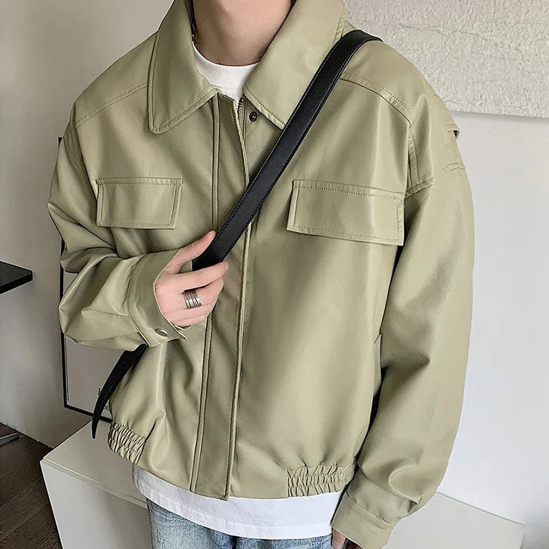 Men's Casual Texture PU Leather Jacket High Street Zippers Turn-down Collar Long Sleeve Retro Coat with Pocket Autumn