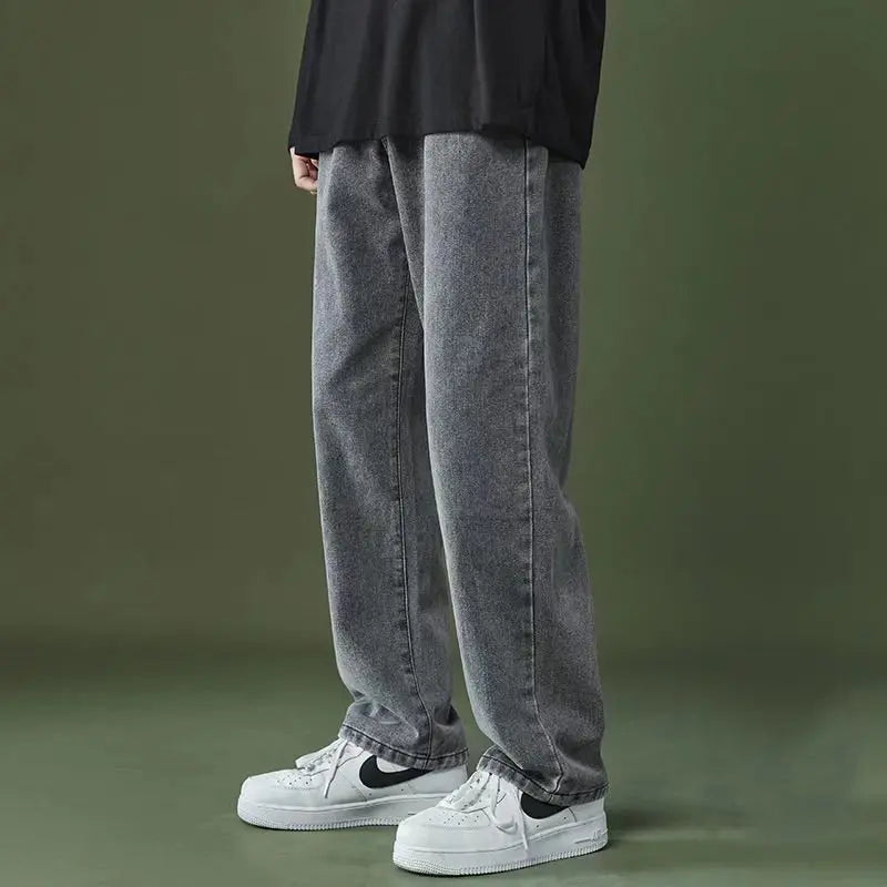 saferido Autumn New Korean Loose Wide Leg Straight Leg Trousers Student Fashion Casual Long Pants Grey Men's Jeans