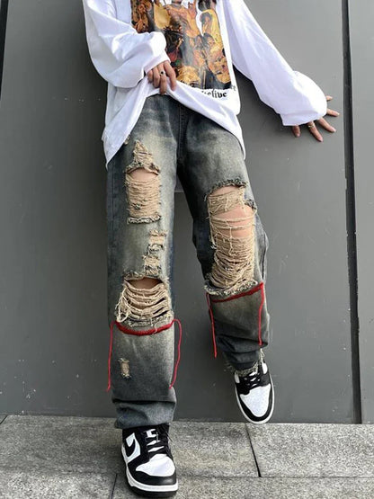 saferido Ripped Jeans Pants for Men Punk Denim Trousers Male Straight Leg Jeans Hip Hop Harajuku Korean Streetwear Hippie Hole