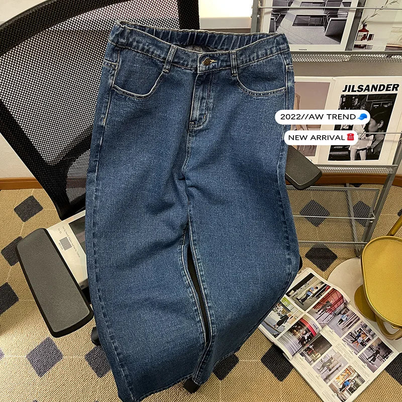 Spring New Men Baggy Jeans Korean Fashion Elastic Waist Classic Style Denim Ankle-Length Pants Neutral Wind Oversize Pants