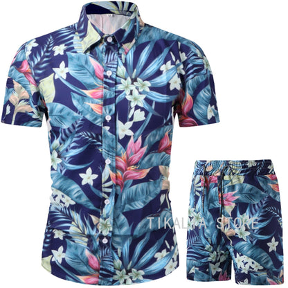 Men Clothing Set  Two Piece Set Summer Beach Wear Floral Print Casual Shirt and Shorts Set Hawaiian Shirt Holiday Clothes