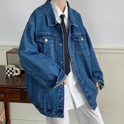 Plus Size 5XL-M Black Denim Jacket Mens Turn Down Collar Jeans Coats Multi-pockets Overalls Streetwear Loose Casual Men Clothing