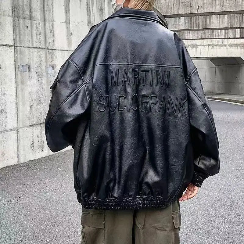 saferido Autumn VIntage Men's Leather Jackets PU Biker Coat Oversized Faux Leather Bomber Jacket 90s Big Pockets Windbreaker Overcoat