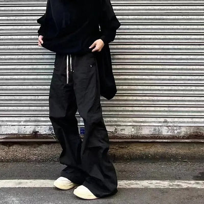 High Street Ro Wide Leg Black Casual Drawstring Trousers Men's Straight Loose Vibe Style Cargos Unisex Oversized Y2K Overalls