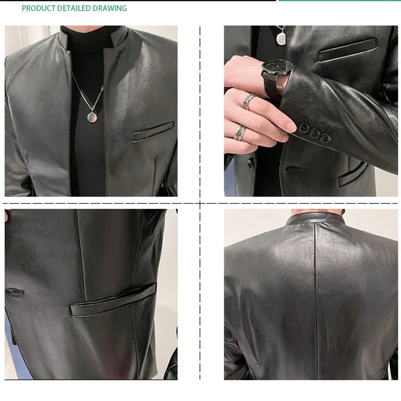 saferido Stand Collar Slim Fit Blazer men Solid Black PU Leather Jacket Men One Button Casual Blazers jacket Hombre Korean Suit Coat