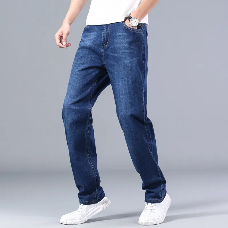 New Classic Men's Thin Blue Jeans Advanced Stretch Loose Straight Denim Trousers Male Brand Pants Plus Size 40 42 44