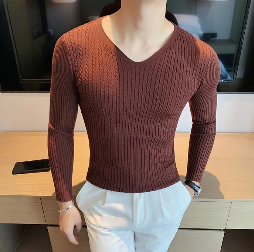 Winter Sweaters Men Korean Fashion Streetwear V-Neck Sweaters Solid Color Men Cashmere Sweater Woolen Slim Trends S-3XL