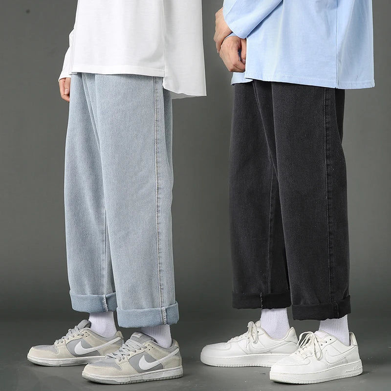 saferido New Street Casual Baggy Jeans Men's Korean Fashion Hip Hop Straight Wide Leg  Trousers Couple Denim Pants Black Light Blue