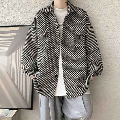 saferido Winter Short Woolen Coat Men Warm Fashion Retro Thickened Woolen Jacket Men Korean Loose Stripe Woolen Coat Mens Thick Jackets