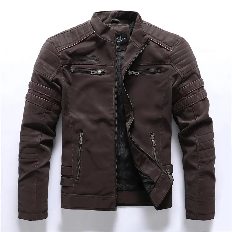 Vintage Fleece Leather Jacket Winter Motorcycle PU Men Warm Multi-pocket Leather Zipper Autumn Outwear Jackets Coat Male