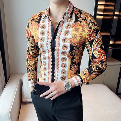 saferido Luxury Paisley Gold Printed Shirt Men's Royal Club Clothing Korean Men's Long Sleeve Slim Long Sleeve Shirt Tuxedo Shirt