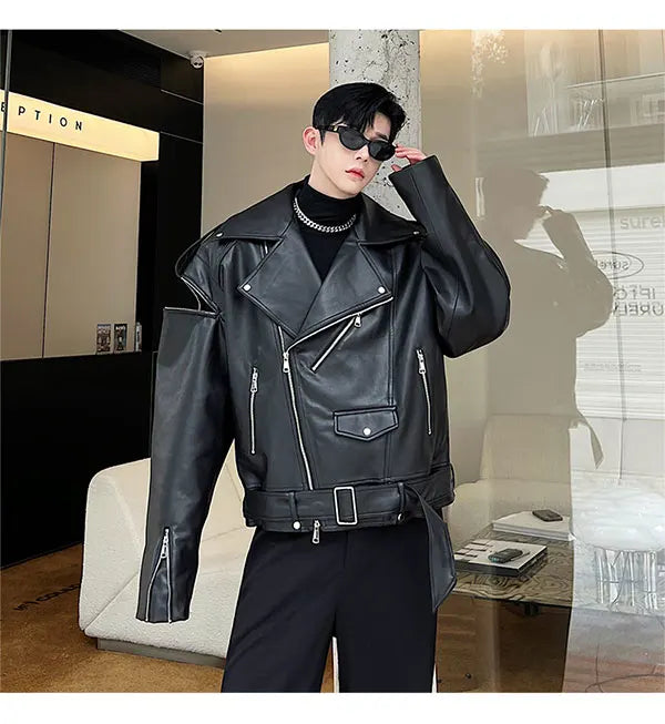 saferido Autumn Winter Wide Shoulder Zipper Leather Jacket Luxury Men Streetwear Loose Vintage Punk Motorcycle Jacket Korean Fashion Coat