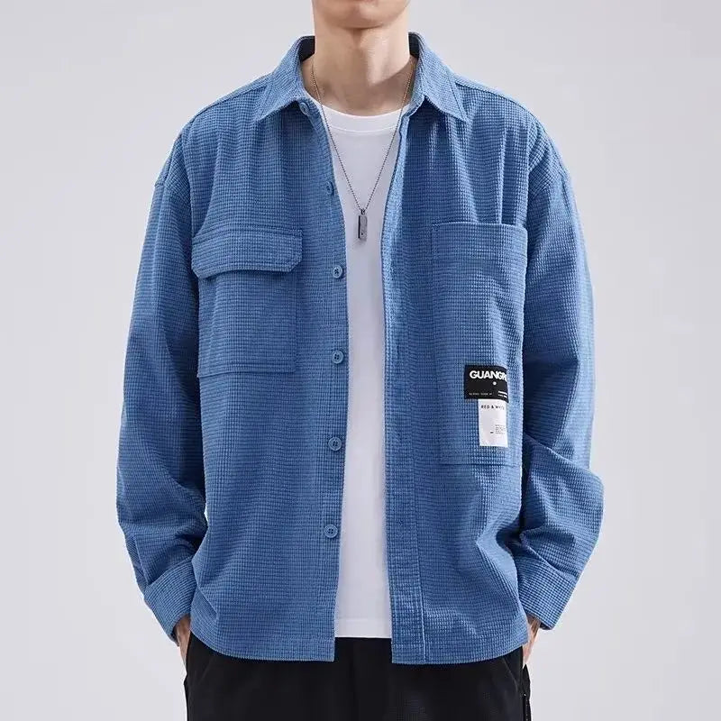 saferido Spring Autumn High Street Waffle Work Shirt Men's Solid Square Neck Button Pocket Loose Trend Patchwork Long Sleeved Jacket Top