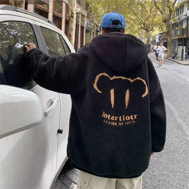 saferido Men's Winter Jacket Oversized Hooded Coat Winter New Korean Fashion Preppy Style Loose Bear Embroidery Thickened Coat Jackets