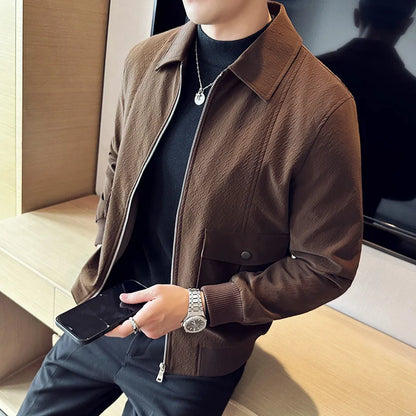 saferido Men Spring High Quality Bright Surface Casual Leather Jacket/Male Slim Fit Business Lapel Fashion Leather Jacket/Men Coat 3XL-M