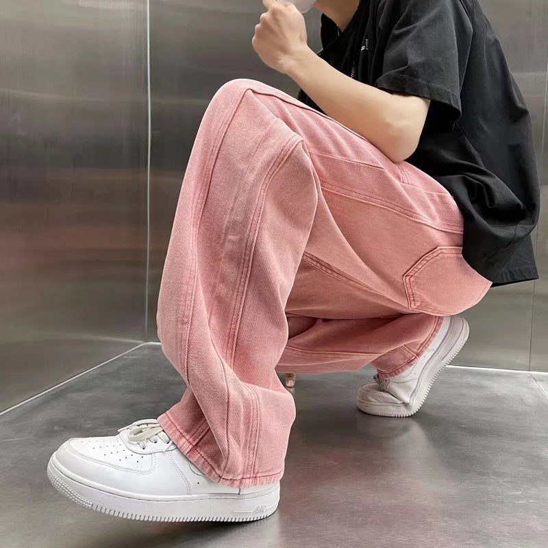 Street Vibe Style Jeans Men's Loose Straight Pants Trendy Brand American Baggy Wide-leg Pants Pink Jeans Spring and Autumn