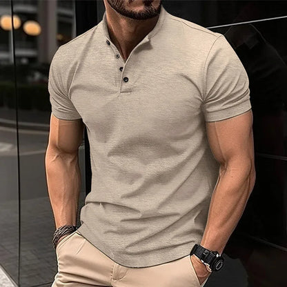 Solid Stand Collar Short Sleeve Men's Shirts Fashion Handsome Business Shirt Men Clothing Summer Casual Button Fit Gym Male