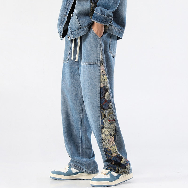 New Men's Jeans Baggy Bear Printed Wide Leg Pants Men's Hip Hop Street Loose Denim Pants Elastic Waist Lace Up Casual Pants