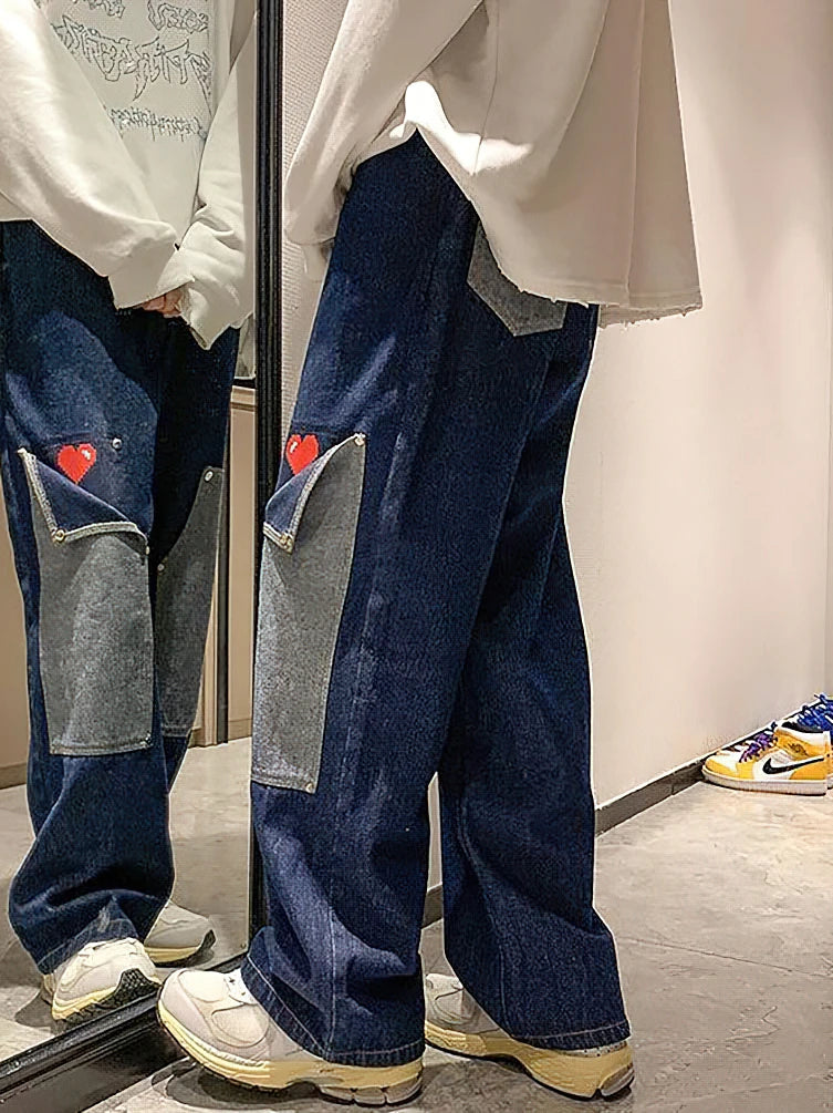 saferido Harajuku Wide Leg Baggy Jeans Pants Men Love Heart Oversize Straight Denim Buttton Cargo Long Trousers Streetwear Student New