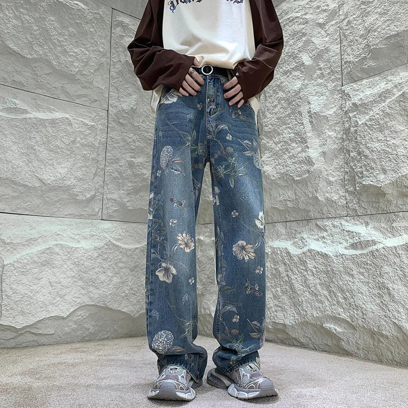 saferido Baggy Jeans Men Oversized Fashion Casual Flower Jeans Men Streetwear Hip Hop Loose Wide Leg Pants Jeans Mens Denim Trousers