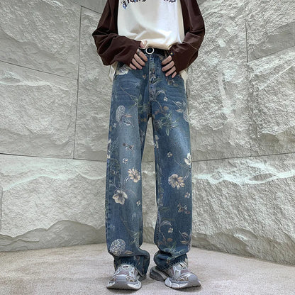 saferido Baggy Flower Jeans Men Fashion Oversized Wide Leg Jeans Men Streetwear Hip-hop Loose Straight Denim Pants Mens Trousers S-XL