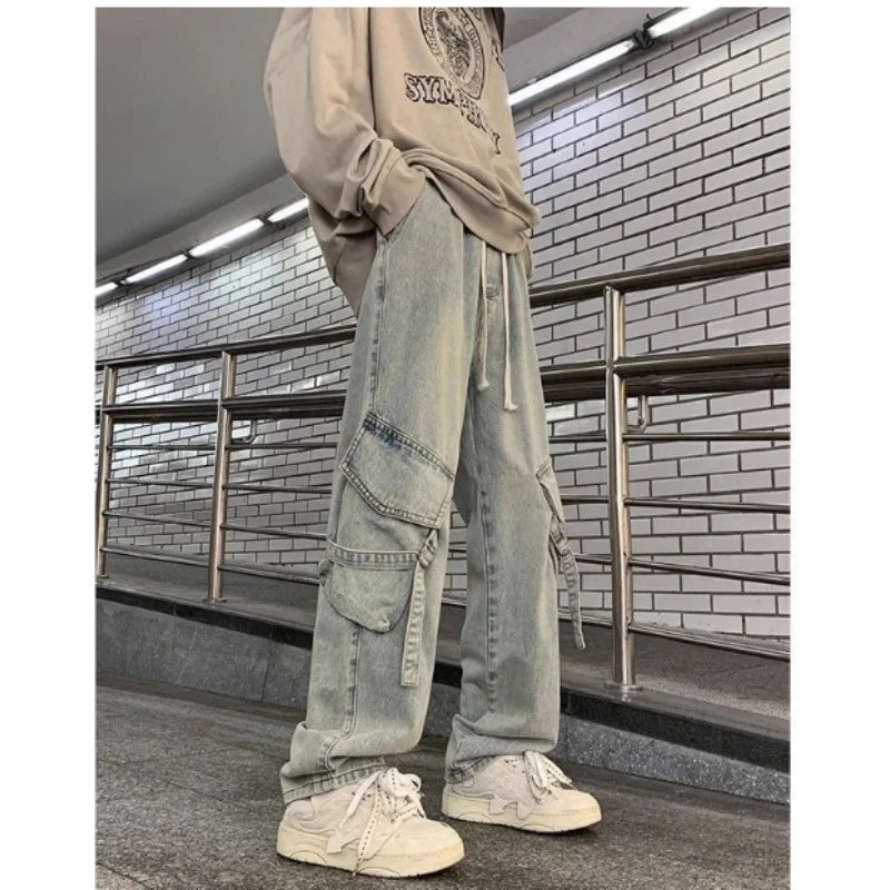 saferido Y2K Autumn And Winter New Japanese Overalls Jeans Men And Women American Retro High Street Micro-la Washed Wide-leg Straight Pants