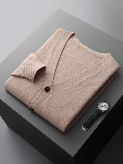 100% Pure Merino Wool Sweater Jacket Men's V-Neck Cardigan Autumn Winter New Solid Color Top Casual Basic All-Match