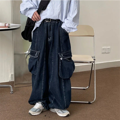 saferido Baggy Cargo Jeans big pocket Trousers Male Denim Pants Wide Leg Pant women's Jeans Loose Casual Streetwear Hip Hop Harajuku