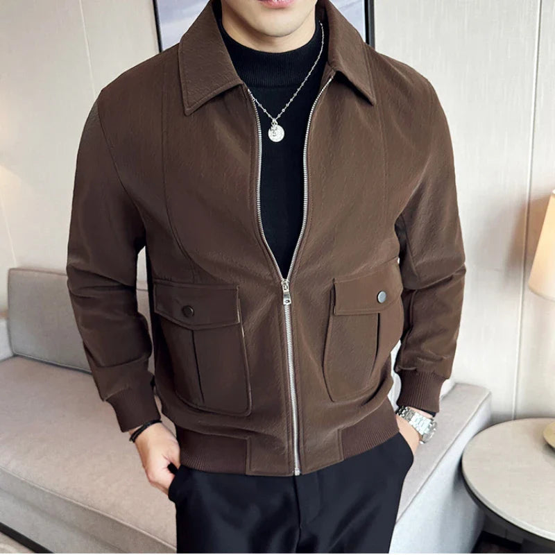 saferido Men Spring High Quality Bright Surface Casual Leather Jacket/Male Slim Fit Business Lapel Fashion Leather Jacket/Men Coat 3XL-M