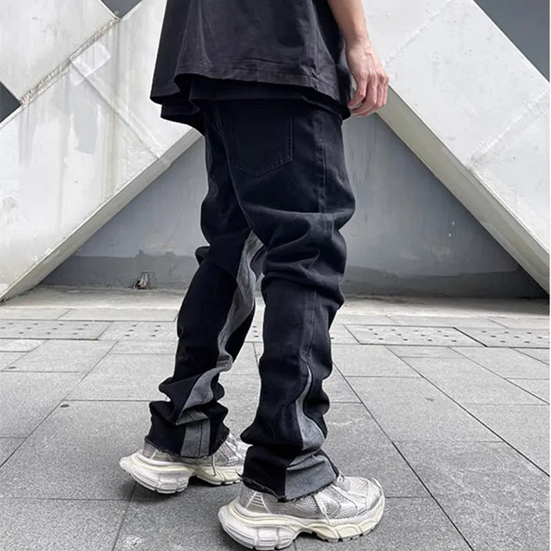 Y2K Fashion Patchwork Black Baggy Flare Jeans Pants For Men Clothing Straight Women Casual Long Trousers Ropa Hombre