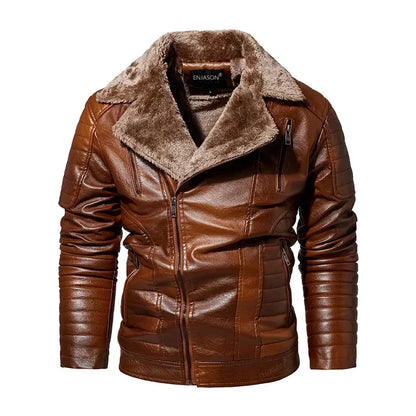 Fashion Warm Winter Men's Leather Jacket with Fur Collar Thicken Fleece Motorcycle Coat Casual Faux Leather Locomotive Jacket